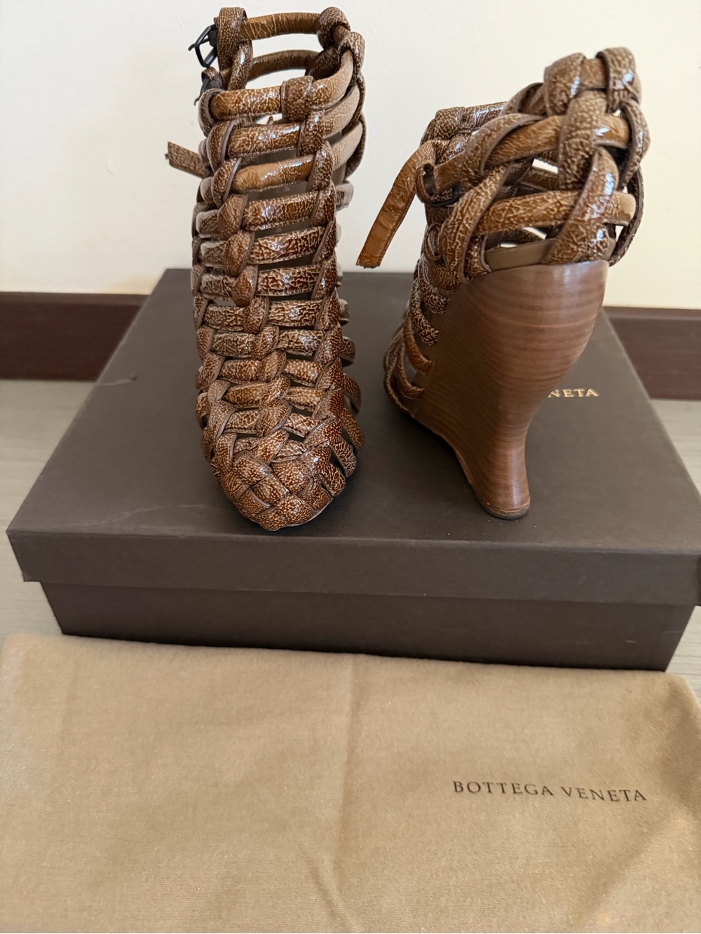 Bottega Veneta Brown Braided Leather Wedge Sandals shoes booties
